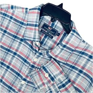 Vineyard Vines Men Slim  Shirt Large‎ Blue Gray Red Plaid Cotton Linen Blend